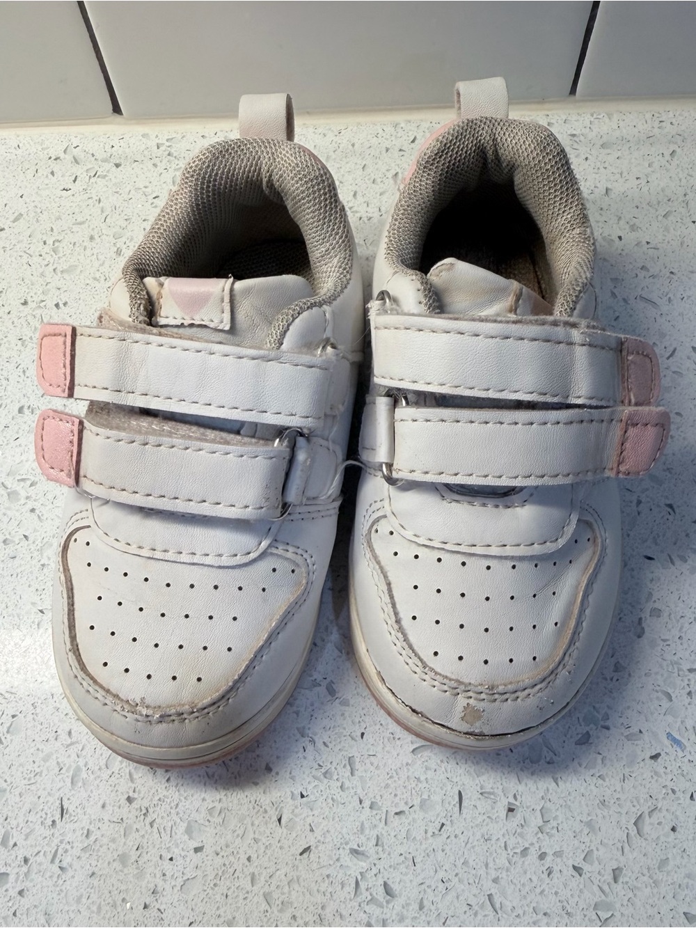 Toddler White Sneakers with Light Pink Accents - Easy Velcro Closure